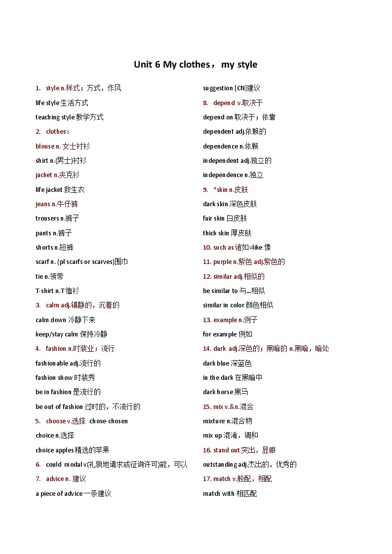 24年新牛津译林版 新七上Unit 6 My clothes,my style  单词讲义+单词详解及练习01
