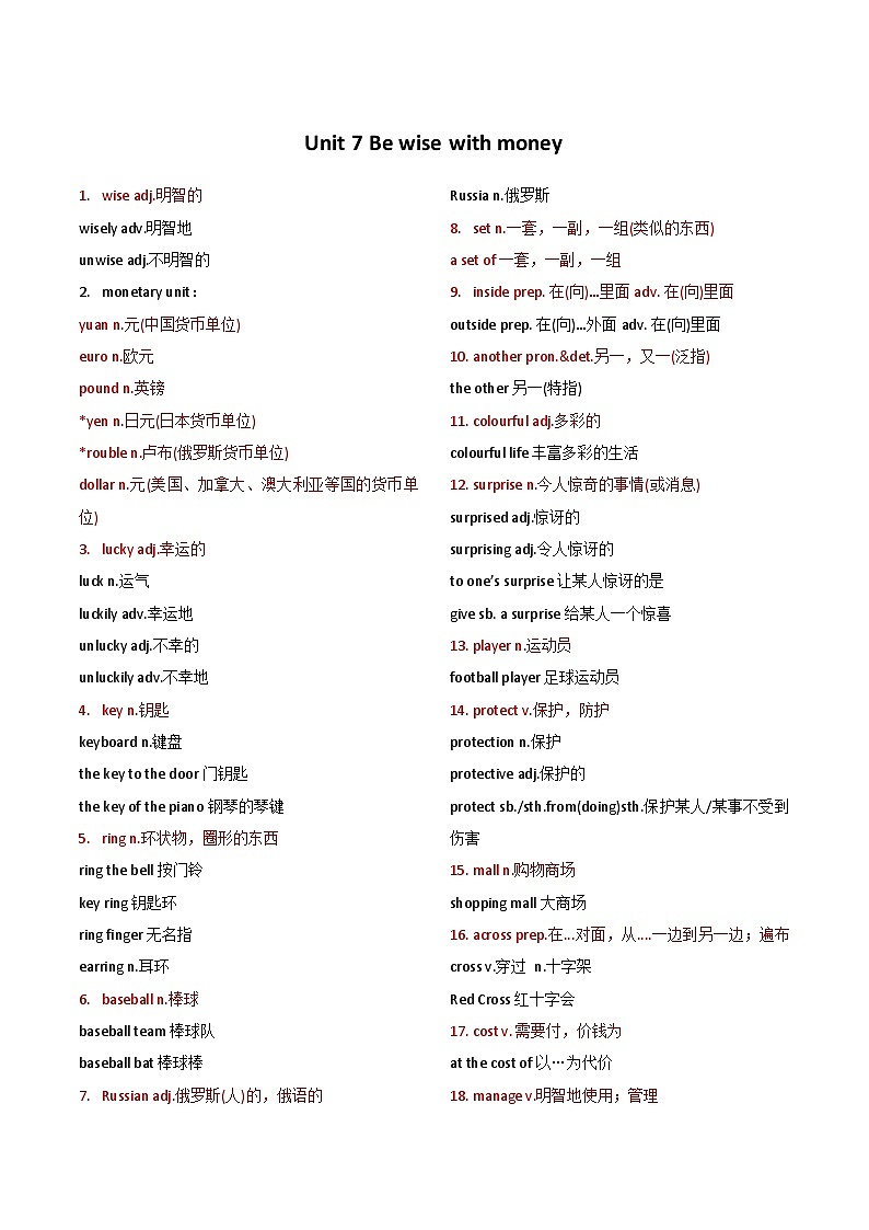 24年新牛津译林版 新七上Unit 7 Be wise with money 单词讲义+单词详解及练习01