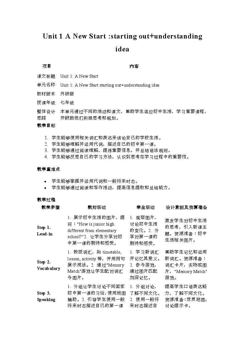 外研版（2024）初中英语七年级上册Unit 1 A New Start starting out understanding idea 教案01