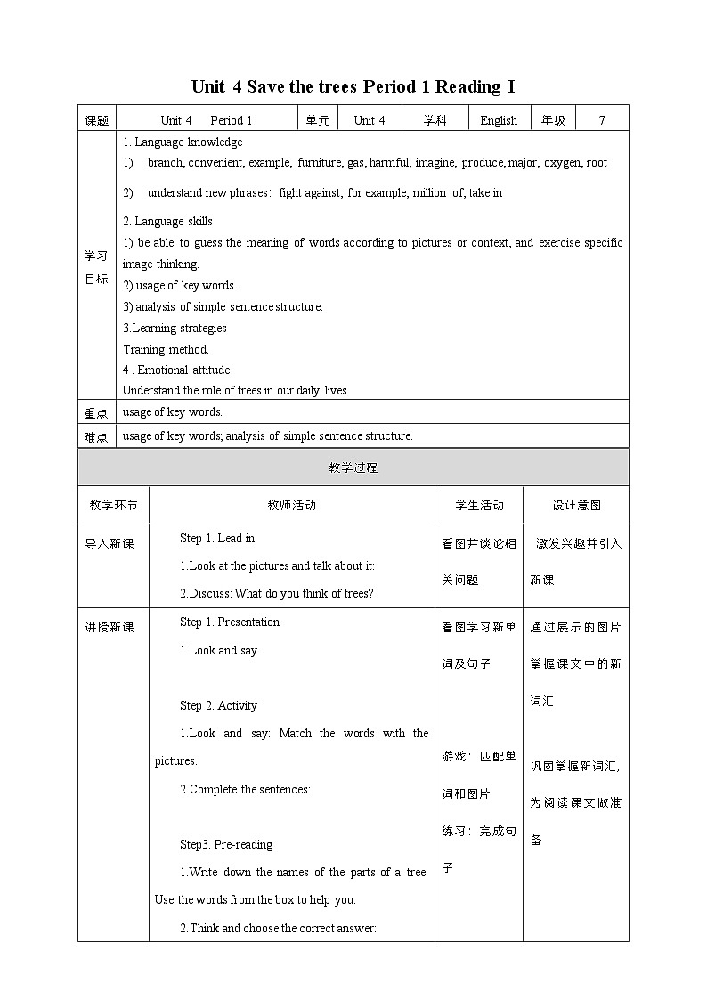 Unit 4 Save the trees Period 1 Reading I教案01