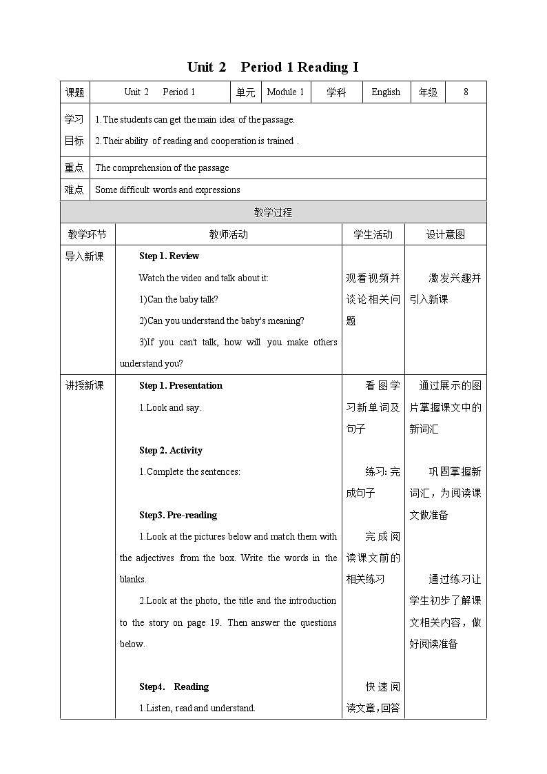 Unit 2  Period 1 Reading I 教案01