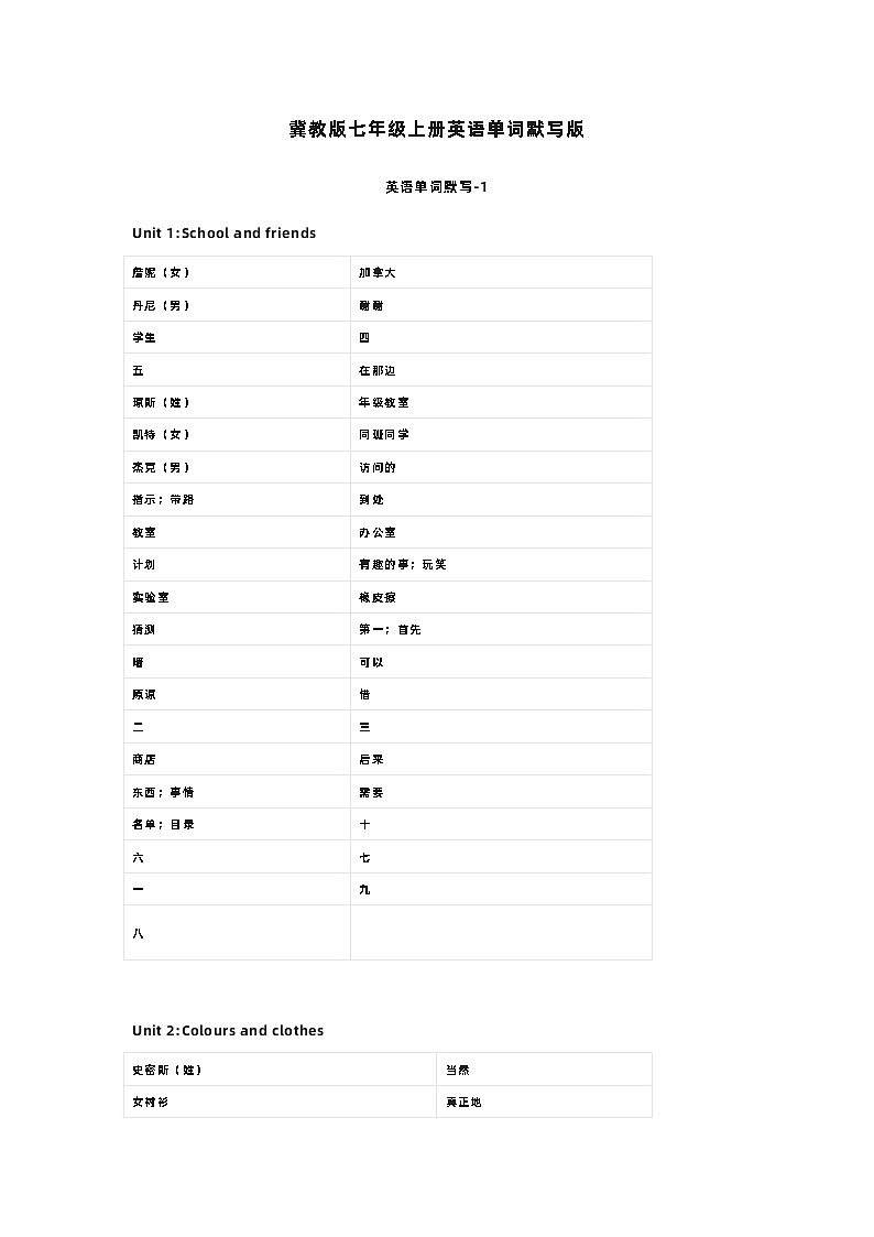 冀教版七年级上册英语单词默写练习表第1页