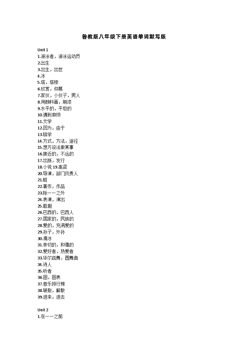 鲁教版八年级下册英语单词默写练习表第1页