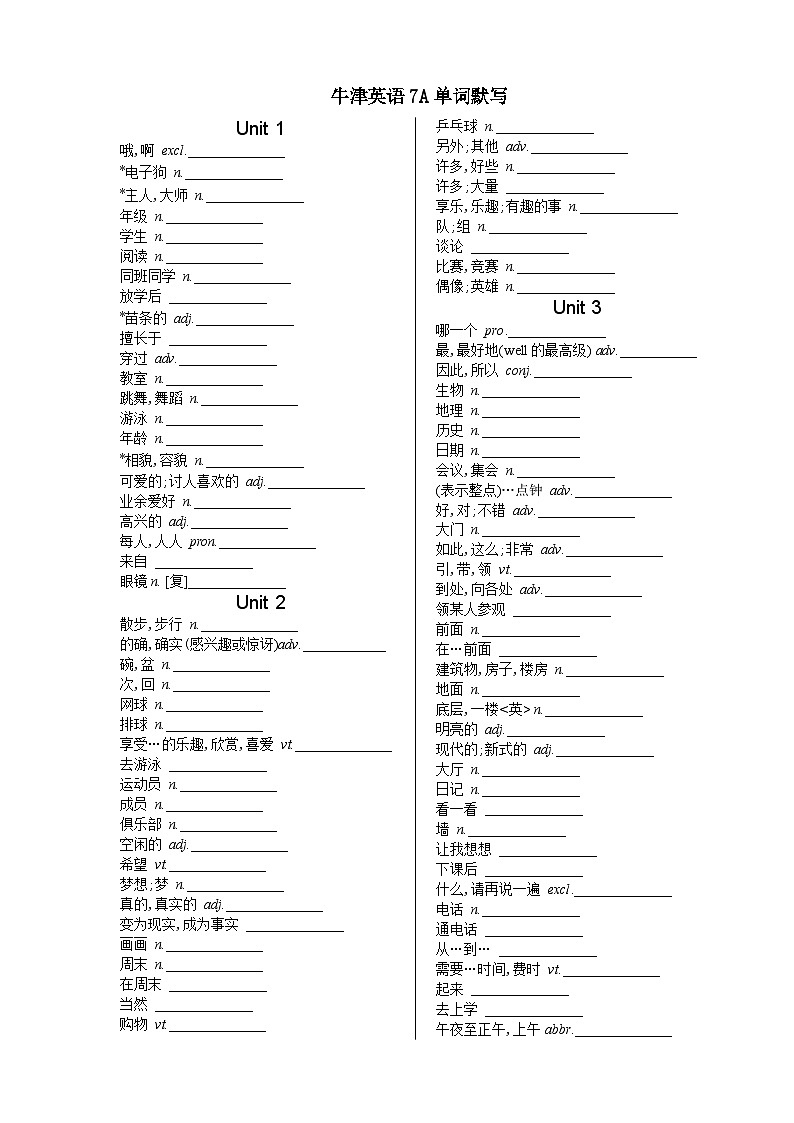 牛津译林版英语7-9年级上下册单词默写练习表01