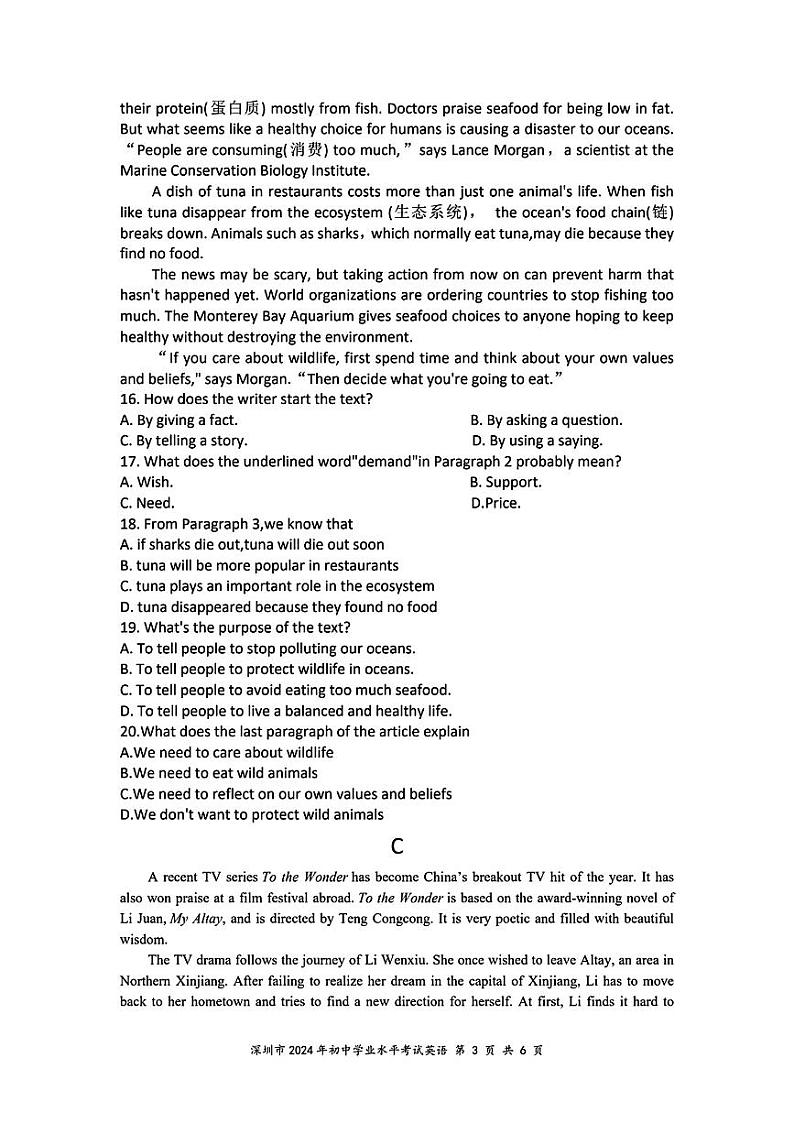 2024年广东省深圳市中考英语试题03
