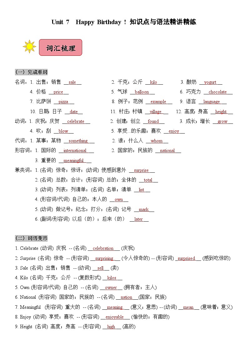 2024新人教版七年级上册英语 Unit 7知识点梳理及语法讲义（教师版+学生版）01