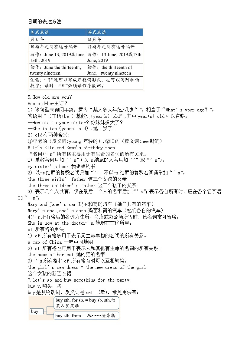 初中英语新人教版七年级上册Unit 7 Happy Birthday知识点（2024秋）03