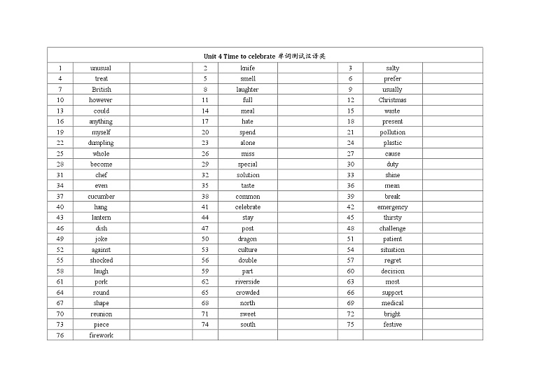 Unit 4 Time to celebrate 单词表词汇及拓展词汇测试清单- （外研版2024）2024-2025学年七年级英语上册试卷02
