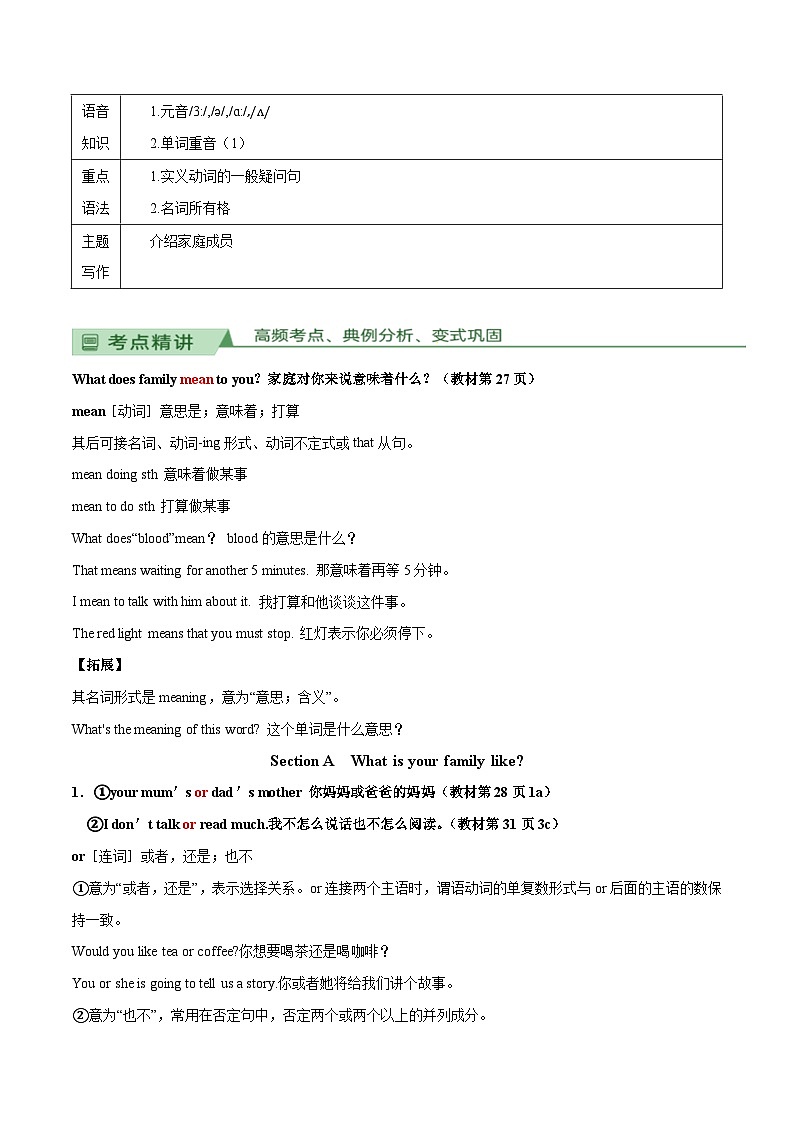 Unit 2 We're family（知识讲解）-2024-2025学年七年级新教材英语上册基础知识专项讲练（人教版2024）03