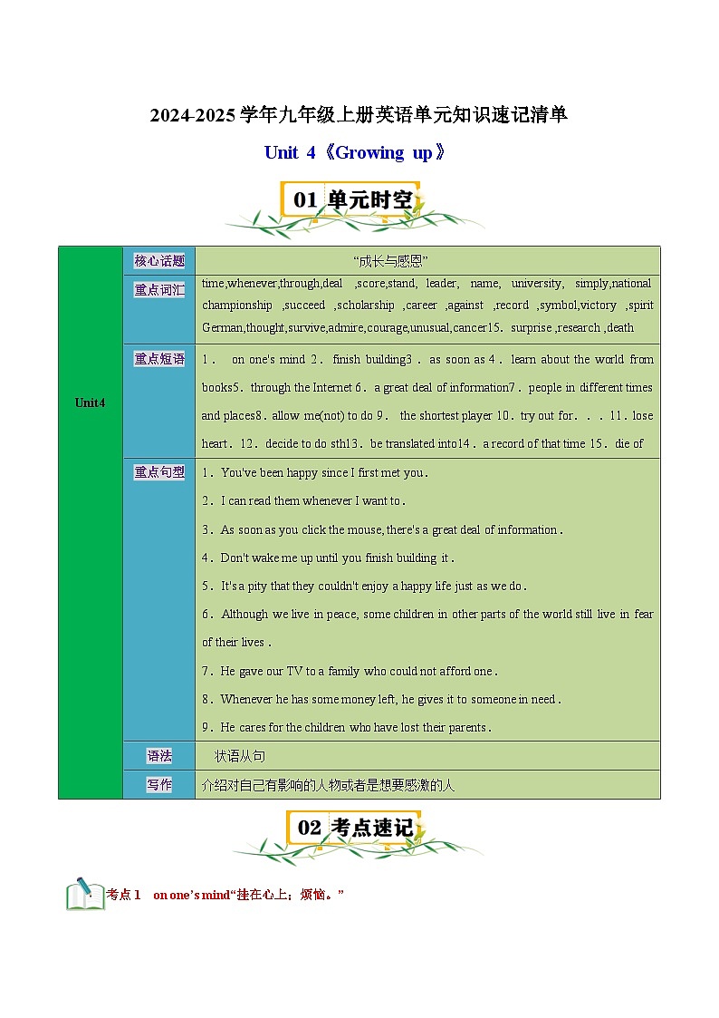 Unit4《Growing up》-2024-2025学年九年级上册英语单元知识讲义（译林版）第1页