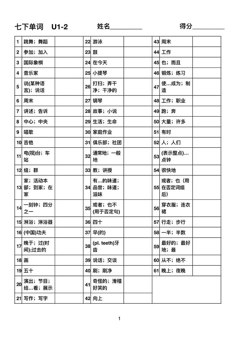 2024英语中考总复习人教版七年级下册单词Units1-6默写单学案第1页