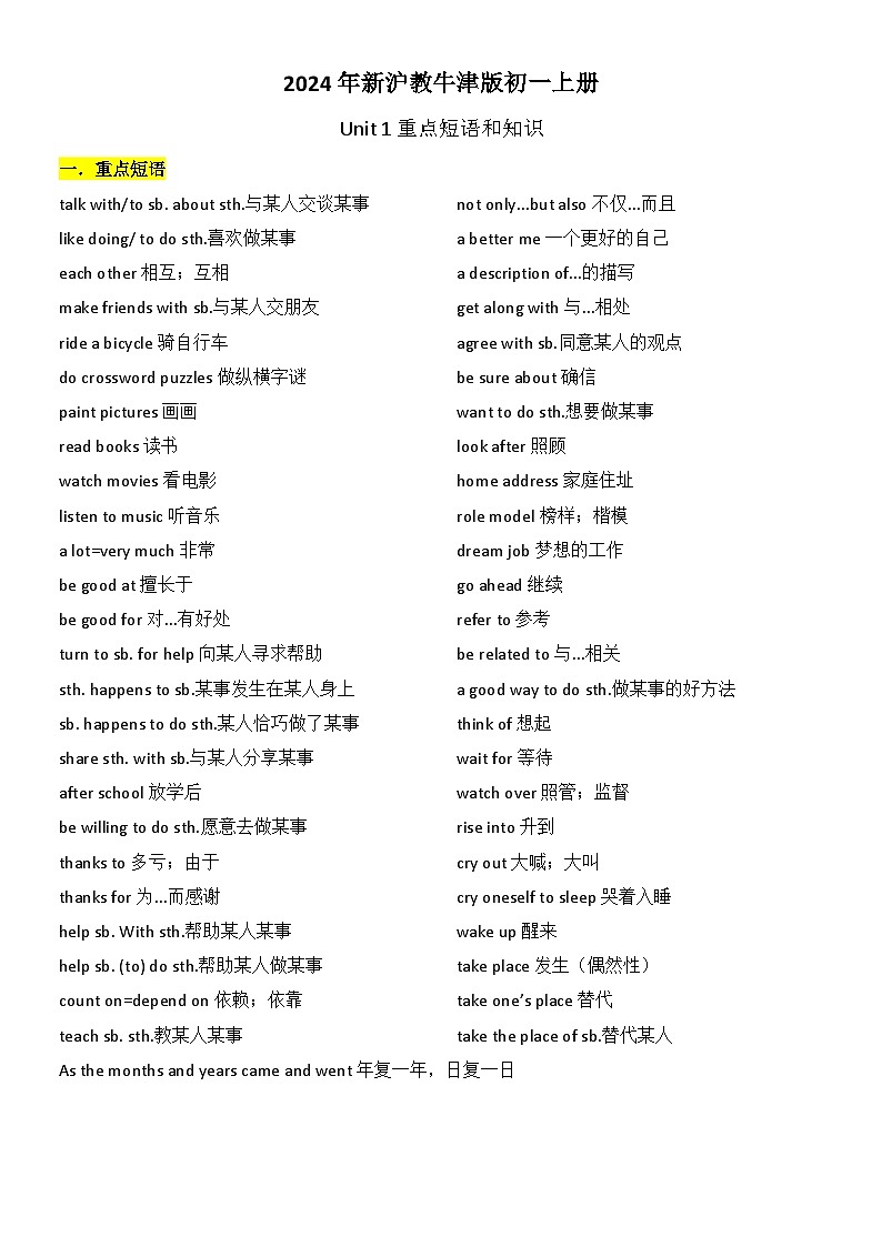 沪教牛津版（2024）七年级英语上册 Unit1 重点短语和知识点01