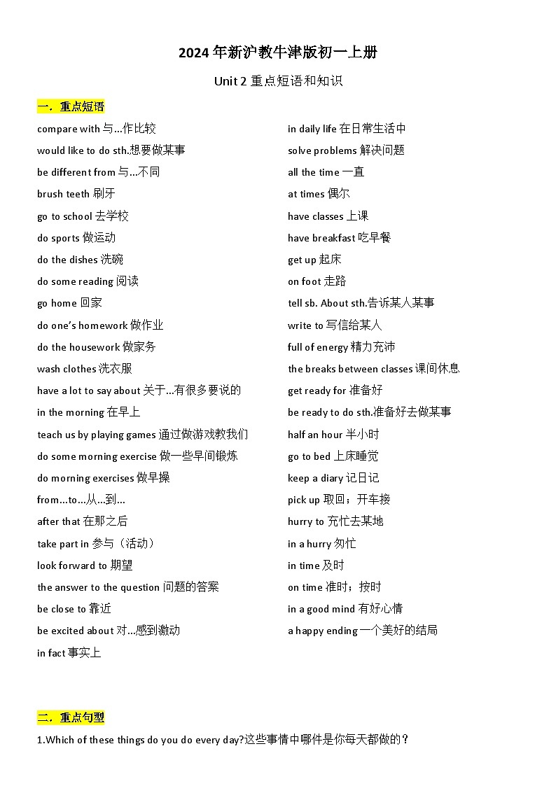 沪教牛津版（2024）七年级英语上册 Unit2 重点短语和知识点01