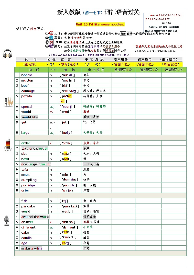 Unit10词汇遮掩默写自我检测记忆2023-2024学年人教版英语七年级下册第1页