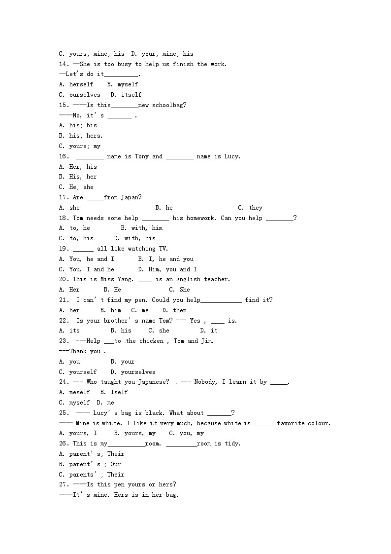 中考英语专项复习 物主代词 练习第2页