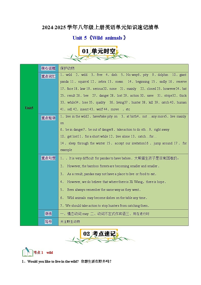 Unit5《Wild animals》-2024-2025学年八年级上册英语单元讲义（译林版）01