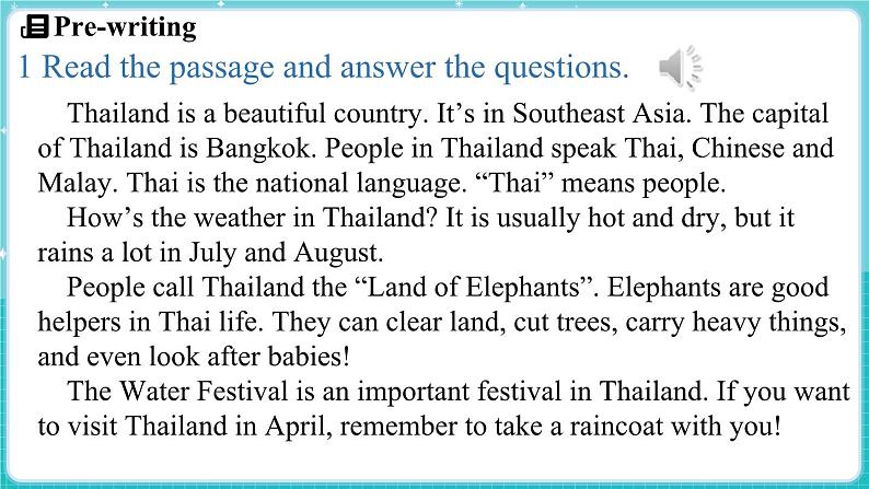 Unit 8 Knowing the world Lesson 5 A profile of Thailand 课件 2024-2025学年英语冀教版（2024版）七年级上册04