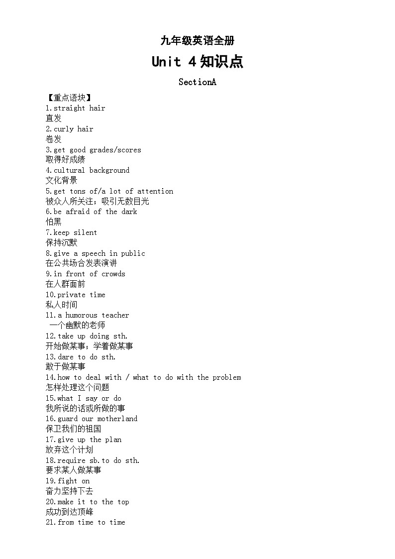 初中英语人教新目标九年级全册Unit 4 I used to be afraid of the dark知识点（重点语块+词形变换+重点句子）第1页