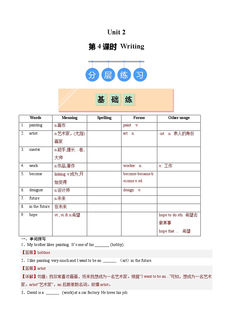 【核心素养】牛津译林版（2024）英语七年级上册 Unit 2 第4课时 同步基础+写作提升+真题专练（分层练习） (含答案)01