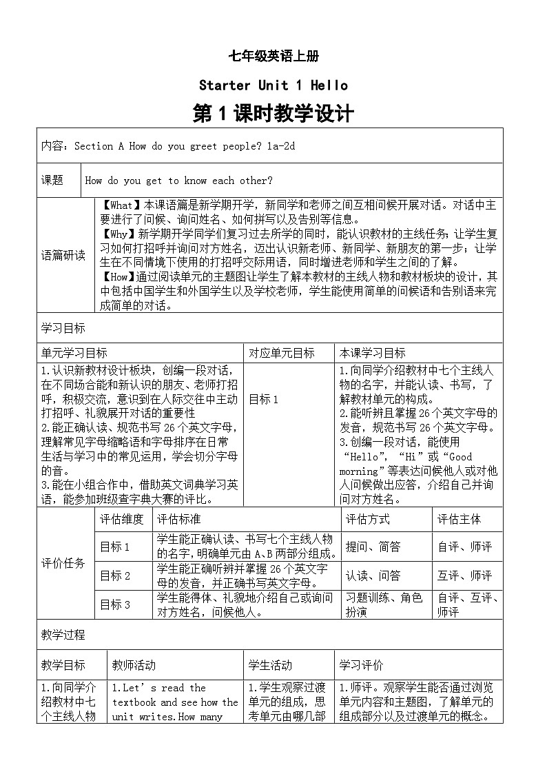 初中英语新人教版七年级上册Starter Unit 1 Hello第1课时教学设计（表格版）（2024秋）01