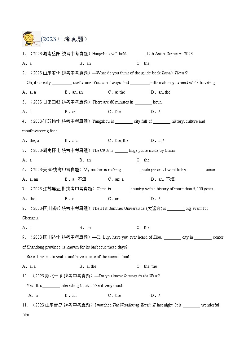 三年（2022-2024）中考英语真题分类汇编（全国通用）专题03 冠词（原卷版）02
