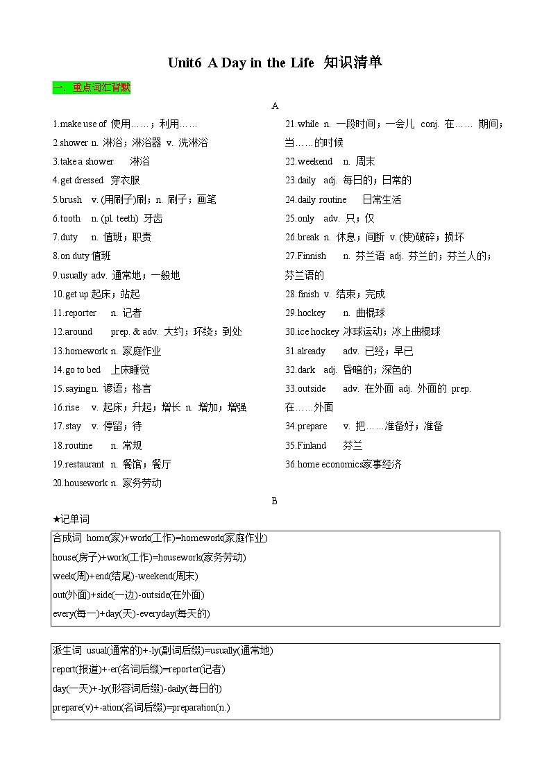 Unit6 A Day in the Life 知识清单（背诵版第1页