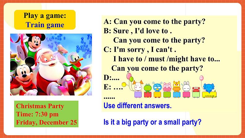 人教新目标版英语八年级上册 Unit9《Can you come to my party？ SectionA2d&Grammar Focus》课件第5页