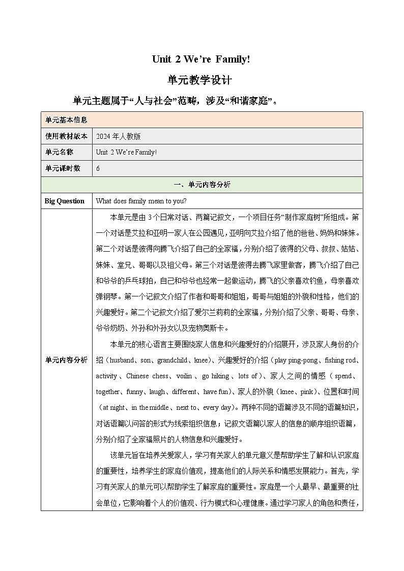 2024新人教七年级英语上册 Unit 2 We’re Family!（大单元教学设计）第1页