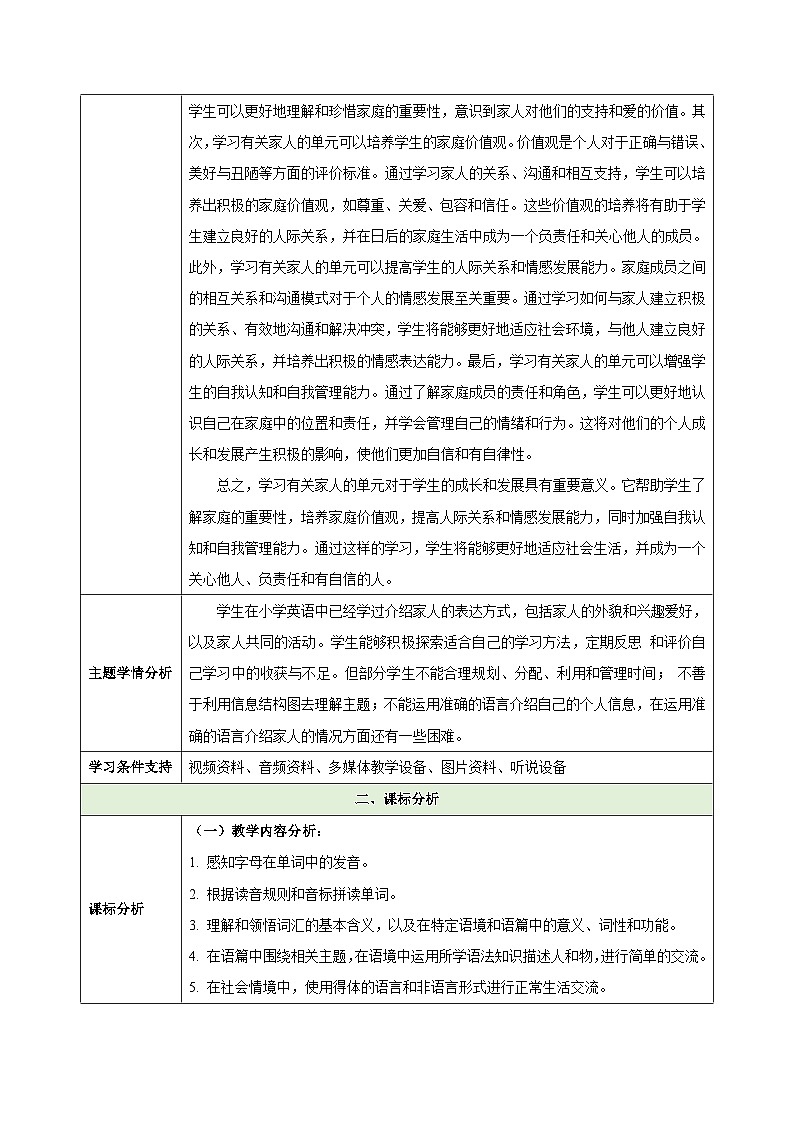 2024新人教七年级英语上册 Unit 2 We’re Family!（大单元教学设计）第2页