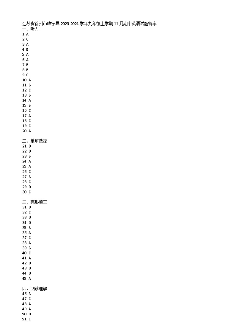 江苏省徐州市睢宁县2023-2024学年九年级上学期11月期中考试英语试题01