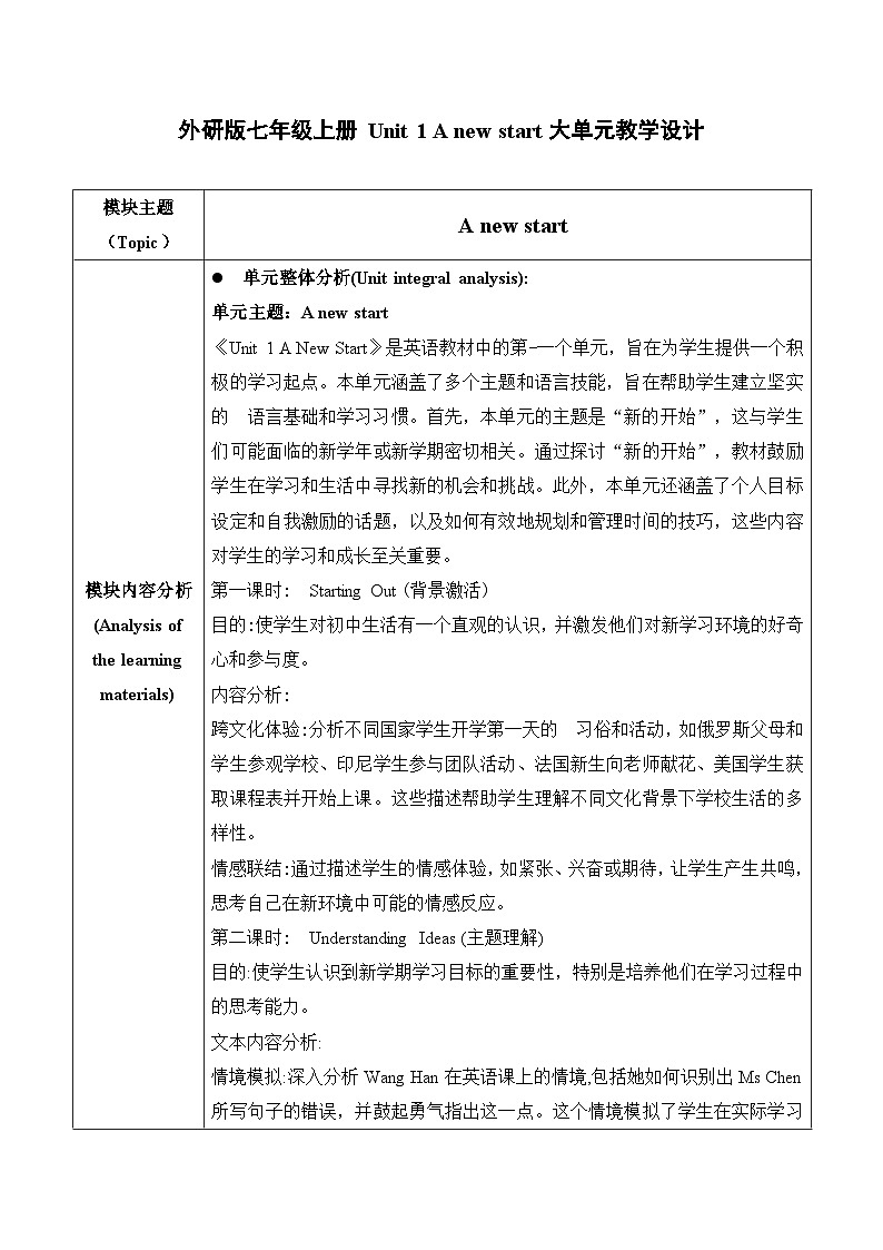 【新课标新教材】外研版七年级上册A new start大单元教学设计第一课时Starting out第1页