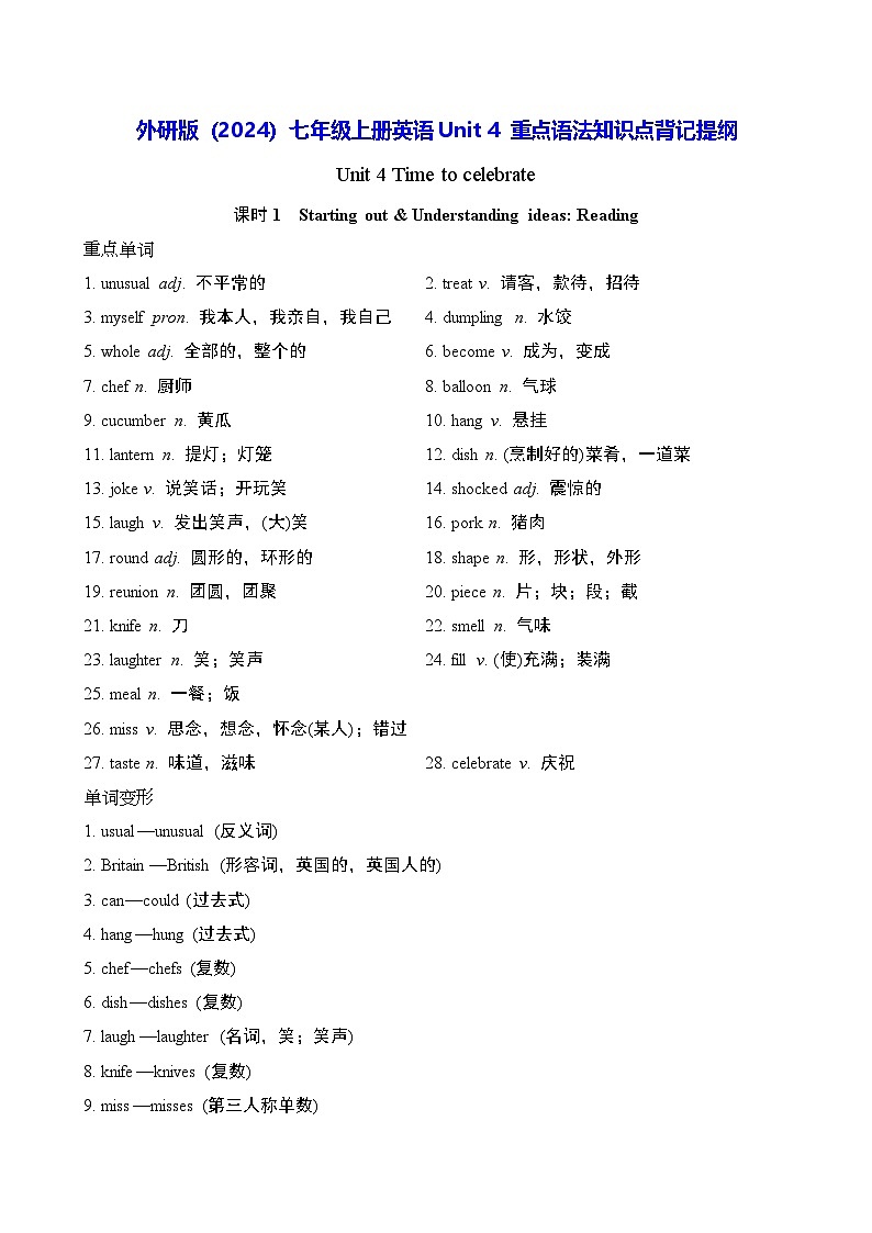 外研版（2024）七年级上册英语Unit 4 重点语法知识点背记提纲第1页