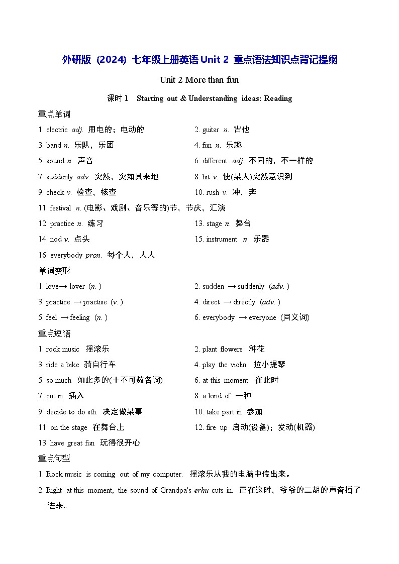 外研版（2024）七年级上册英语Unit 2 重点语法知识点背记提纲第1页