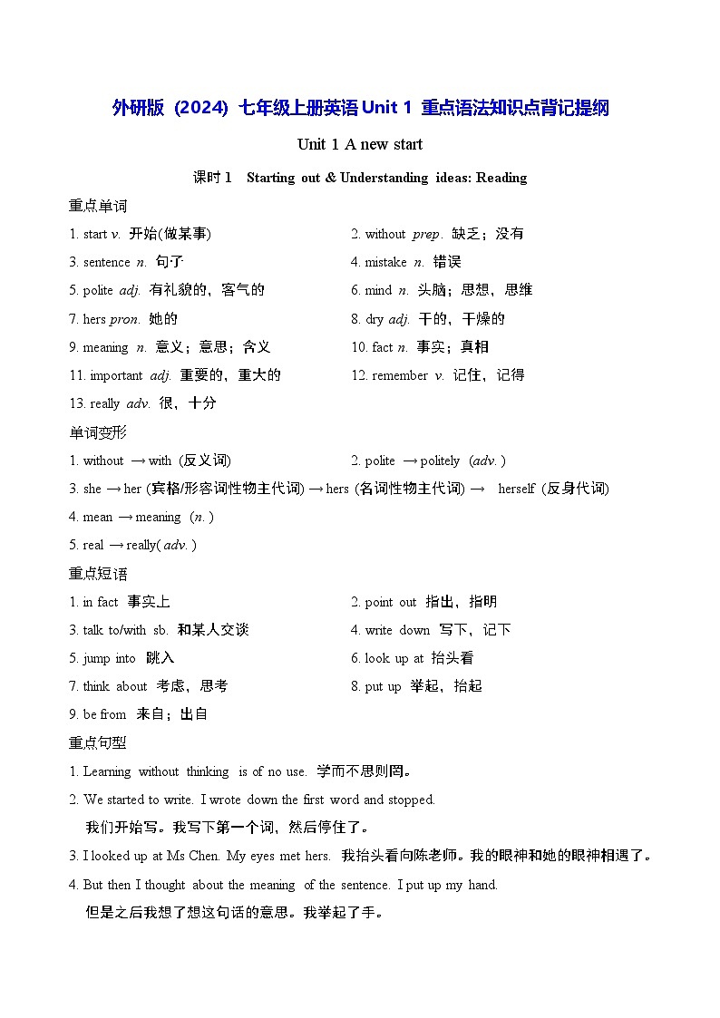 外研版（2024）七年级上册英语Unit 1 重点语法知识点背记提纲第1页