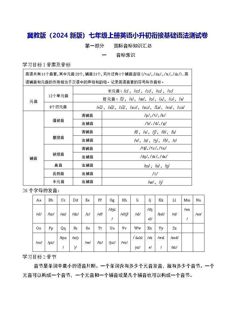 冀教版（2024新版）七年级上册英语小升初衔接基础语法测试卷（含答案）01