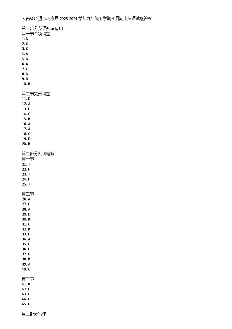 云南省昭通市巧家县2023-2024学年九年级下学期4月期中英语试题01