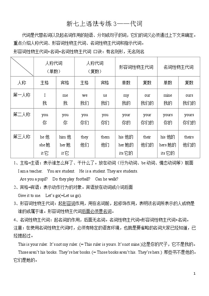 2024人教版初中英语七年级上册专练3—代词01