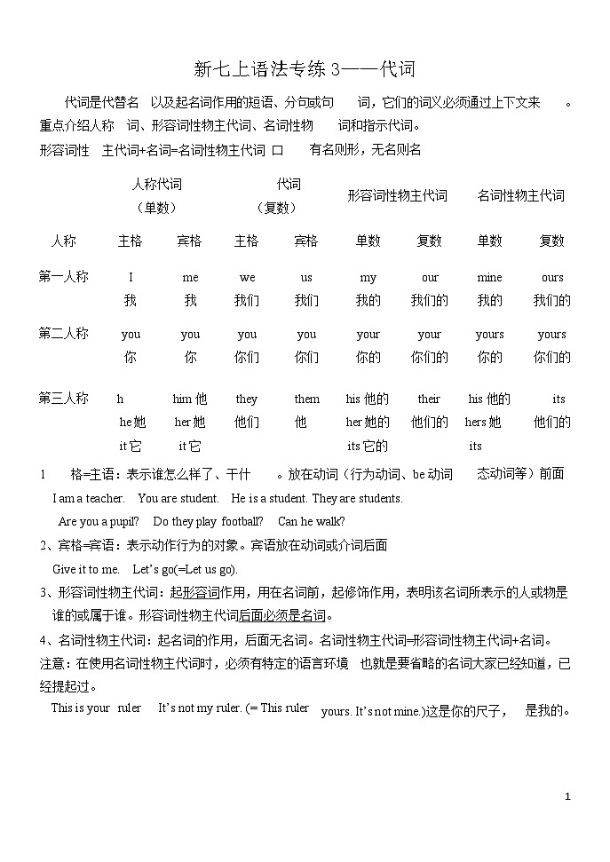 2024人教版初中英语七年级上册专练3—代词01