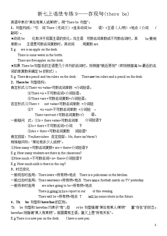 2024人教版初中英语七年级上册专练9—there be句型01