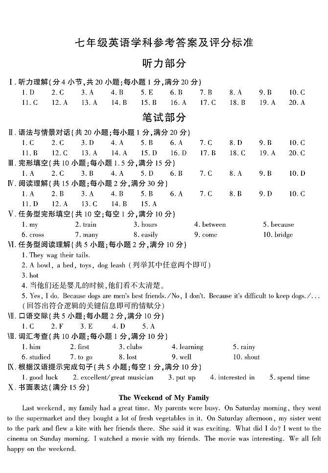 七年级英语期末答案第1页