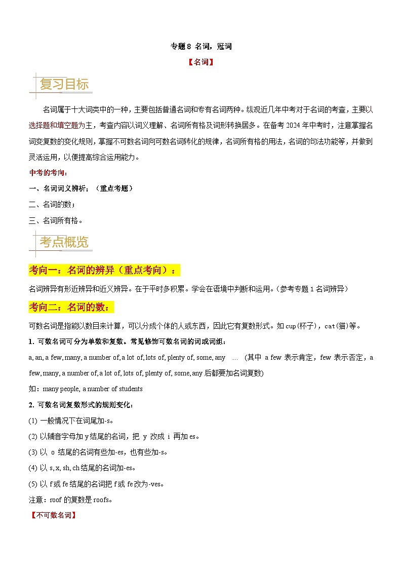2024—2025中考英语二轮专题08 名词&冠词-中考英语真题题源解密（全国通用）（原卷版）01