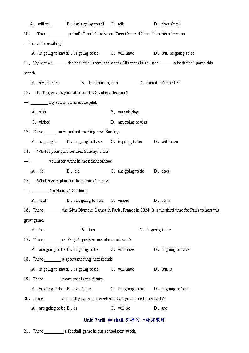 人教版初中英语八上 期末必考重点语法综合练习 练习(Unit 6-Unit 10)02