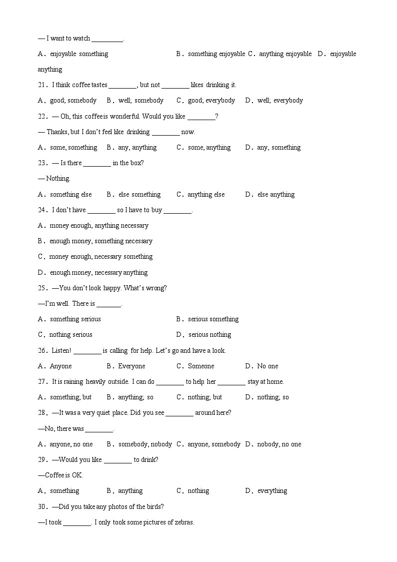 人教版初中英语八上 Unit1 单元语法Grammar 复合不定代词和一般过去时 练习03