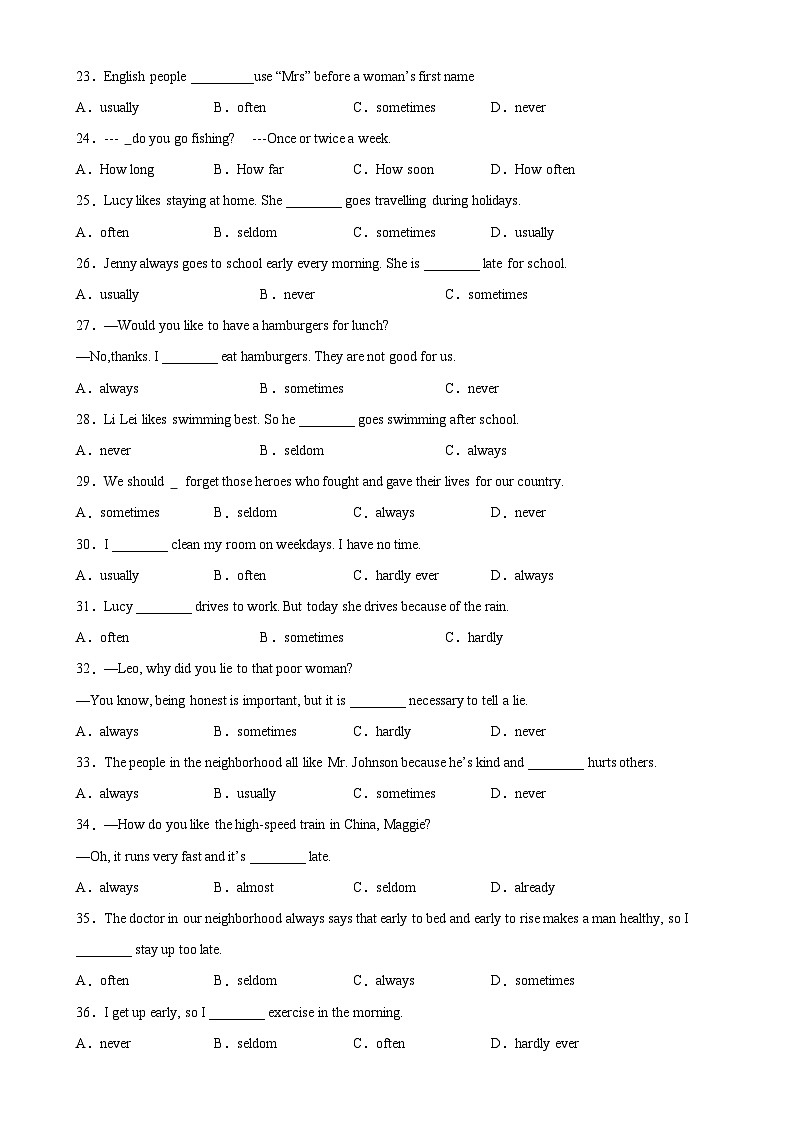 人教版初中英语八上 Unit2 单元语法Grammar 频度副词和how often引导的疑问句 练习03