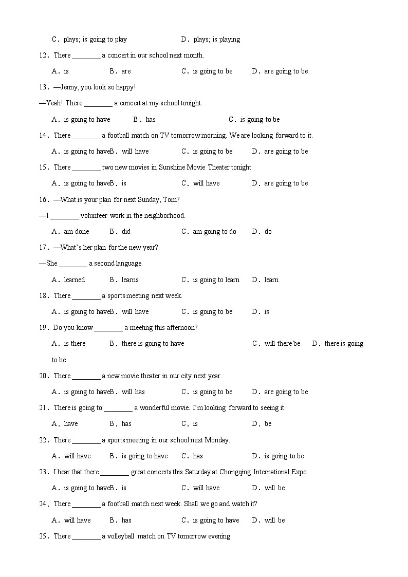 人教版初中英语八上 Unit6 Grammar语法 be going to引导的一般将来时 练习02