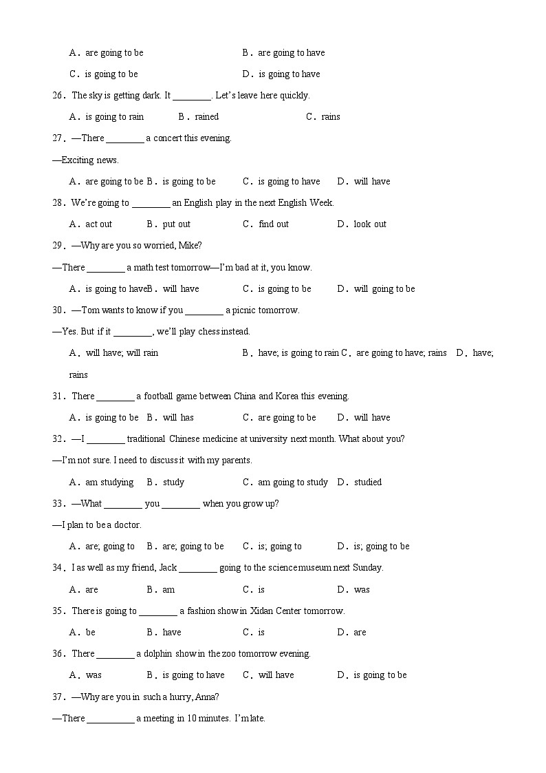 人教版初中英语八上 Unit6 Grammar语法 be going to引导的一般将来时 练习03