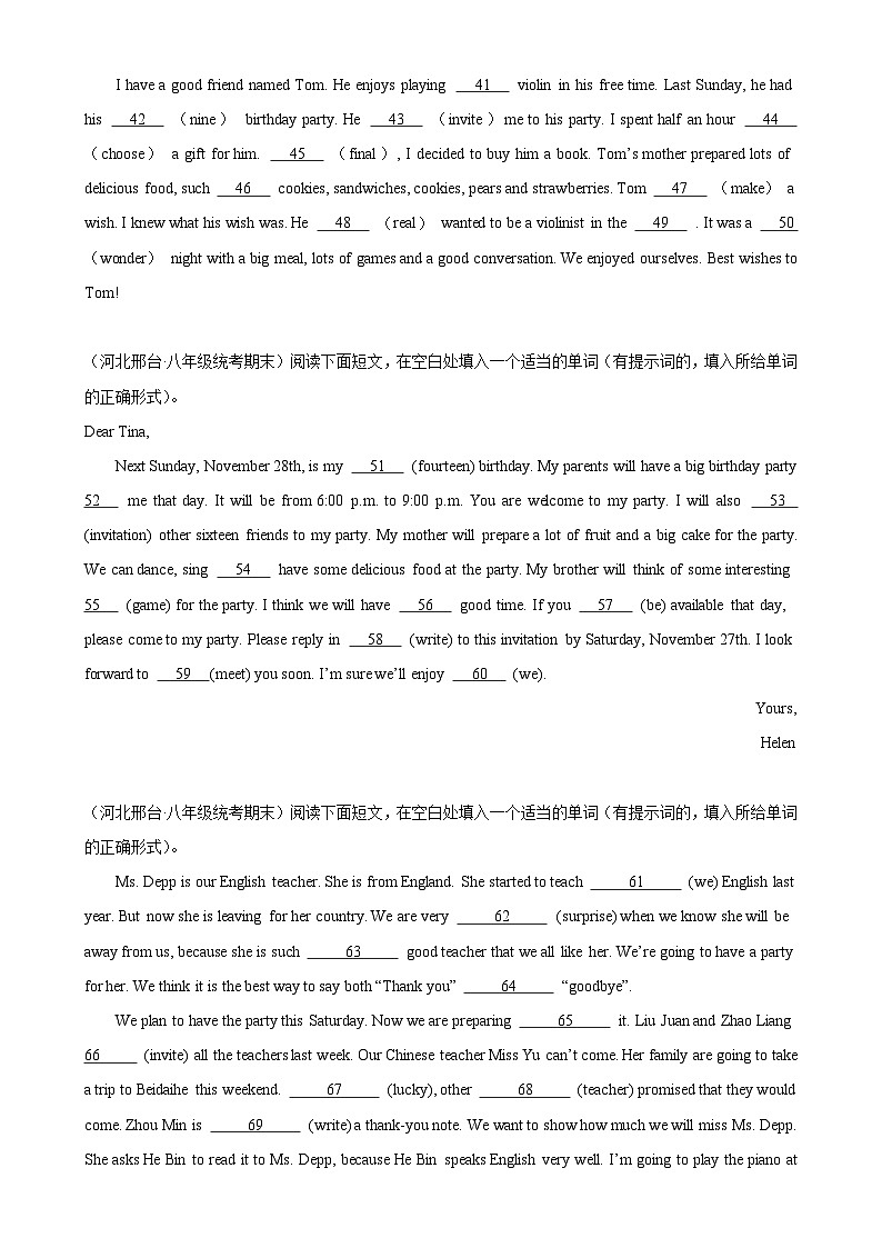 人教版初中英语八上 Unit10 单元话题语法填空练习03