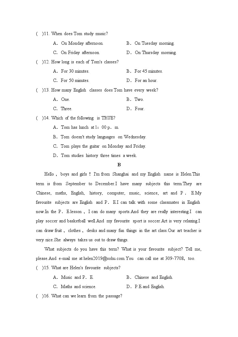 人教版（2024新版）七年级上册英语UNIT 4 模拟测试卷（含答案）03