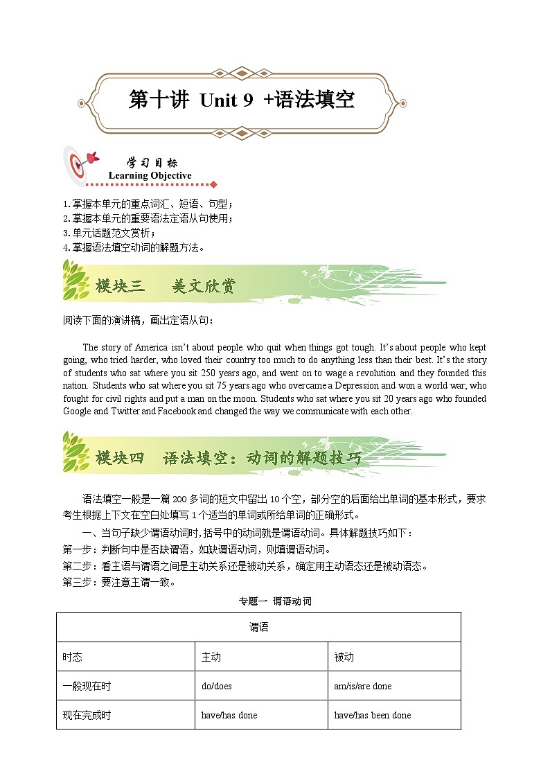 人教版初三英语-10 Unit9（美文欣赏+语法填空：动词的解题技巧）学生版+教师版01