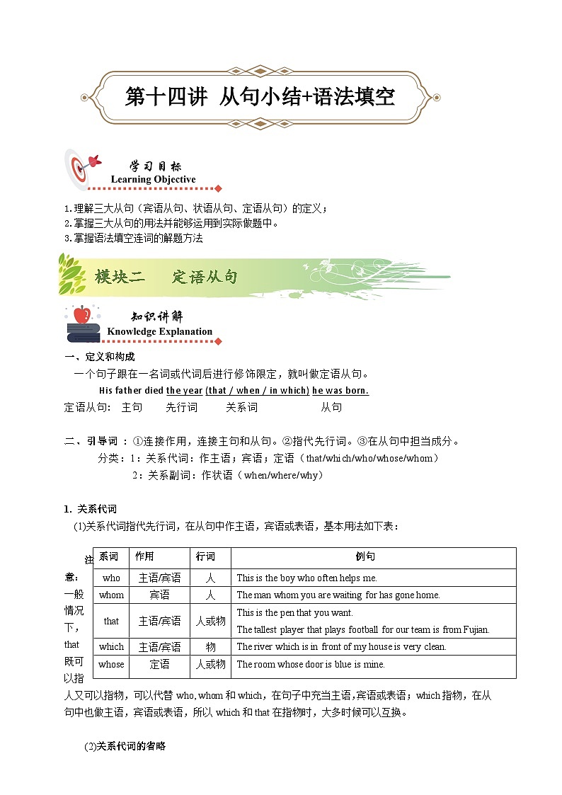 人教版初三英语-14 三大从句（模块2：定语从句）练 学生版+教师版01